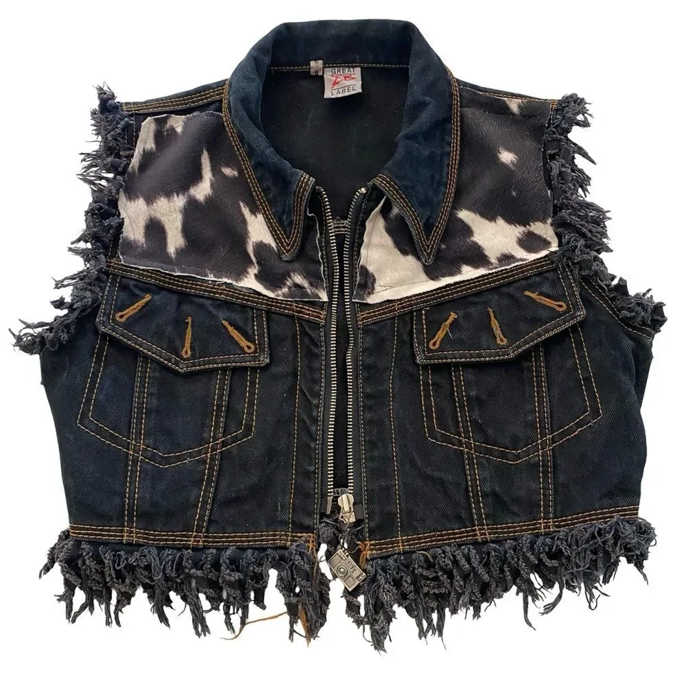 Y2K Frayed Denim Vest With Upcycled Marilyn Skeleton Image Black Size 6